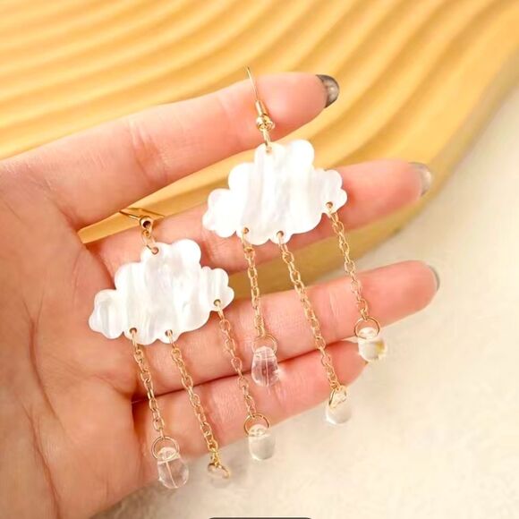 Whimsical Rain Cloud Acrylic Tassel Earrings with Water Drop Dangles – NWT - Picture 1 of 2